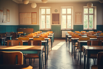 Empty Classroom. Back to school concept in high school. Classroom Interior Vintage Wooden Lecture Wooden Chairs and Desks. Studying lessons in secondary education