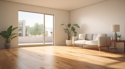 Fototapeta na wymiar Empty living room with hardwood floor in modern apartment, AI Generative.