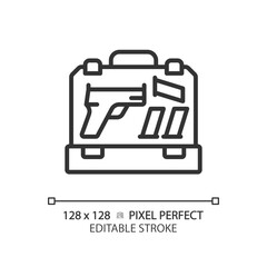 2D pixel perfect editable black gun case icon, isolated simple vector, thin line illustration representing weapons.