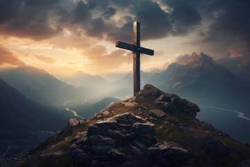  a cross on top of a mountain with a cloudy sky in the background and a mountain range in the foreground with a river running through the middle of it. - Powered by Adobe