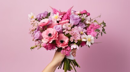 Fototapeta premium A bouquet of spring flowers close-up in the hand on a pink background. A nice gift for a holiday. Spring mood