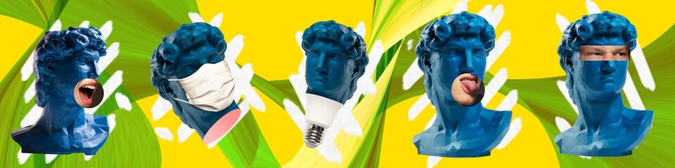Set with blue antique statue head with human hands elements over multicolored abstract background....