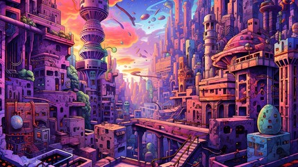 3d render of fantasy city at sunset. Digital illustration of fantasy city