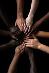 Different racial human hands folded in a circle