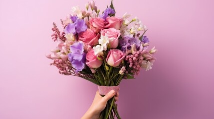 A bouquet of spring flowers close-up in the hand on a pink background. A nice gift for a holiday. Spring mood