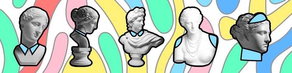 Antique statue bust with drawn cloth elements over multicolored abstract background. Contemporary art collage. Concept of creativity, imagination, inspiration, postmodern. Banner