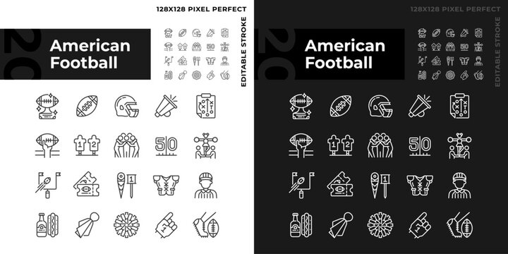 American football linear icons set for dark, light mode. Sport equipment. Team game. Game day. Football match symbols. Thin line symbols for night, day theme. Isolated illustrations. Editable stroke