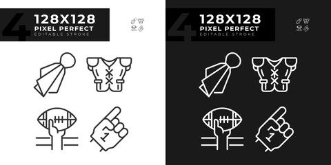 Football game elements linear icons set for dark, light mode. Fan support. American football match. Player uniform. Thin line symbols for night, day theme. Isolated illustrations. Editable stroke - obrazy, fototapety, plakaty