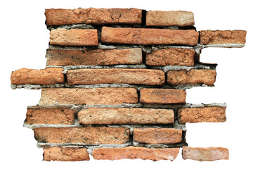 Part of an old, dirty, brown brick wall isolated on white background.