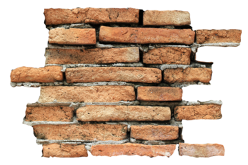 Part of an old, dirty, brown brick wall isolated on white background.