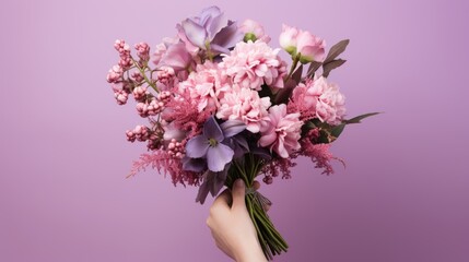 A bouquet of spring flowers close-up in the hand on a pink background. A nice gift for a holiday. Spring mood