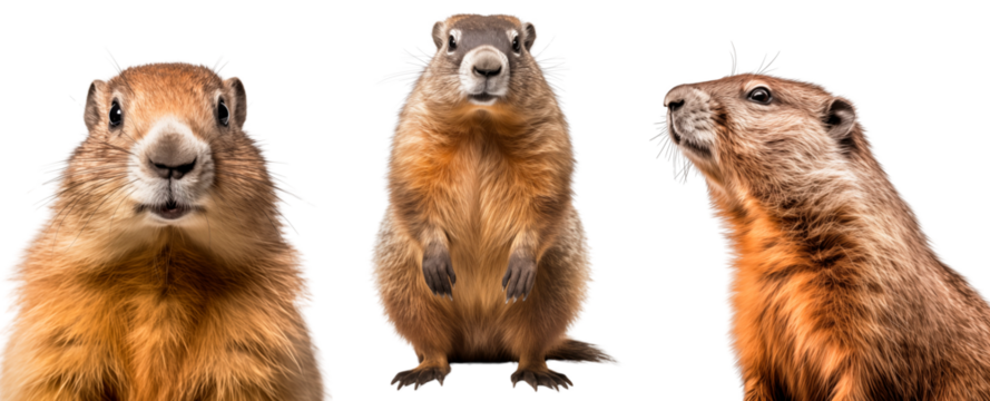 Set/collection of marmots. The marmot stands upright. A marmot in profile and a marmot in front. Isolated on transparent background.