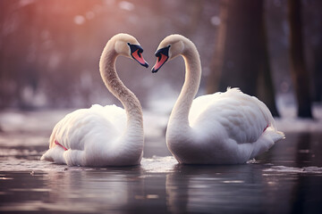 Fototapeta premium Post-processed image of a loving swan couple on the lake, celebrating Valentine's Day,