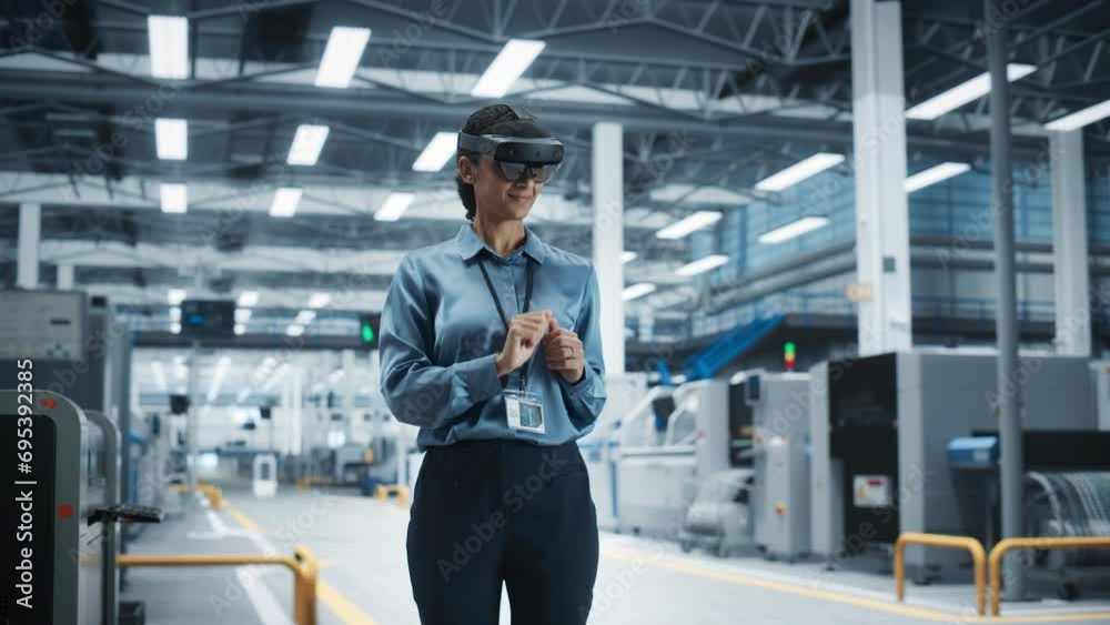 Aufkleber Hispanic Female Engineer Wearing an Augmented Reality Headset And Controlling Autonomous Production At an Electronics Factory. Technician Using Gestures To Configure Assembly Line of High-Tech Devices