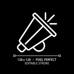 Bullhorn white linear icon for dark theme. Motivational speeches. Cheer megaphone. American football cheerleader. Team support. Thin line illustration. Isolated symbol for night mode. Editable stroke