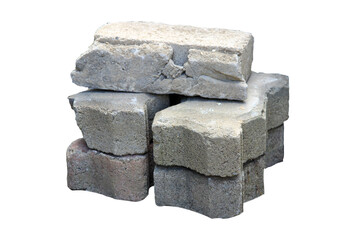 Pile of gray brick blocks for flooring isolated on white background.