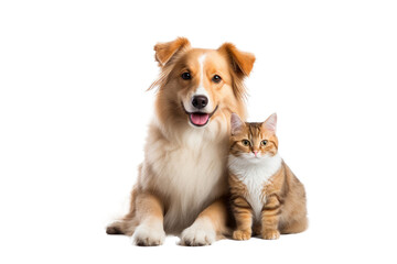 Portrait of Happy dog and cat that looking at the camera together isolated on transparent background, friendship between dog and cat, amazing friendliness of the pets.