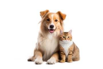 Portrait of Happy dog and cat that looking at the camera together isolated on transparent background, friendship between dog and cat, amazing friendliness of the pets.