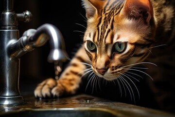 Pets concept. Bengal cat drinks water from the tap, close-up. Soft focus.