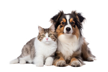 Portrait of Happy dog and cat that looking at the camera together isolated on transparent...