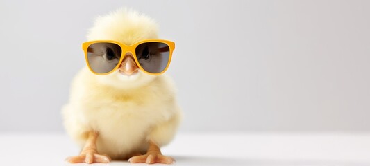 Funny easter concept holiday animal greeting card - Cool cute little easter chick baby with sunglasses on table - obrazy, fototapety, plakaty