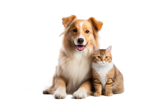 Portrait of Happy dog and cat that looking at the camera together isolated on transparent background, friendship between dog and cat, amazing friendliness of the pets.