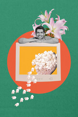 Collage image poster of cheerful happy man pc computer display interface floral petals isolated on...