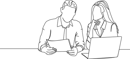 continuous single line drawing of businessman and businesswoman discussing documents, business meeting line art vector illustration © Christian Horz