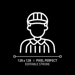Referee white linear icon for dark theme. American football game regulation. Maintain fair play. Adjudicating sporting event. Thin line illustration. Isolated symbol for night mode. Editable stroke
