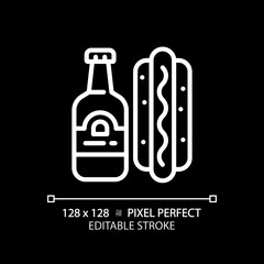 Snack white linear icon for dark theme. American football match. Fast food. Hotdog and beer. Football food. Barbecue party. Thin line illustration. Isolated symbol for night mode. Editable stroke