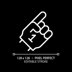 Foam finger white linear icon for dark theme. Football fan accessory. Supporting football team. Sporting event merchandise. Thin line illustration. Isolated symbol for night mode. Editable stroke