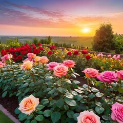 Fototapeta na wymiar Colorful roses blooming in the garden at sunset. Nature background