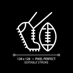 Kickoff white linear icon for dark theme. American football match. Kicking pigskin ball in center of football field. Thin line illustration. Isolated symbol for night mode. Editable stroke