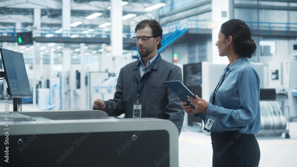 Leinwandbilder caucasian industrial engineer and hispanic female supervisor using tablet and talking at electronics