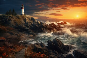  a painting of a lighthouse on top of a rocky outcropping with waves crashing against it and the sun setting over the ocean in the distance behind it.