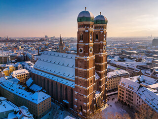 Aerial view of the Frauenkirch Cathedral on a winter evening