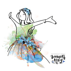 International Women's Day Greeting Card with Doodle Style Young Girl Opening Her Arms in Watercolor Effect on White Background.