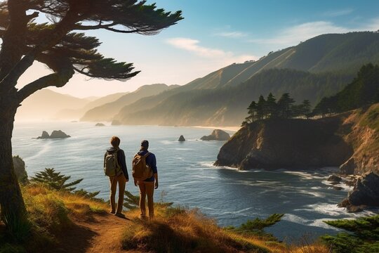 couple with backpacks, tourism, travel, outdoor recreation, active admiring the scenic Pacific coast while hiking, relationships, by the sea, mountains and rocks