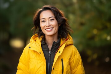 Fototapeta premium Portrait of a smiling asian woman in her 30s donning a durable down jacket against a soft yellow background. AI Generation