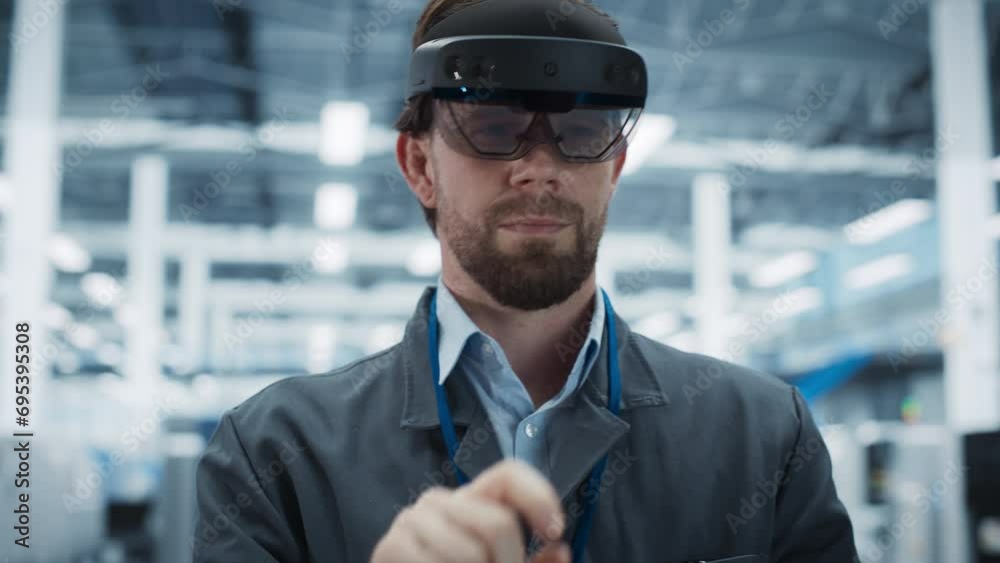 Aufkleber Portrait of Caucasian Male Engineer Wearing an Augmented Reality Headset And Controlling Autonomous Production At an Electronics Factory. Technician Using Gestures To Configure Automated Assembly Line