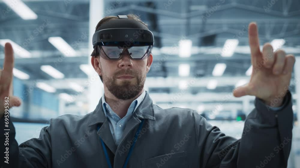 Poster Portrait Of Caucasian Male Engineer Wearing an Augmented Reality Headset, Controlling Autonomous Production At Electronics Factory. Man Using Gestures To Configure Assembly Line of High-Tech Devices.