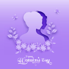 Paper Cut Female Face with Flowers, Leaves and Butterflies on Purple Background for Happy Women's Day. Can Be Used as Greeting Card.