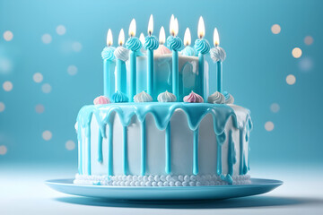 Festive blue birthday cake with candles. Generative AI.