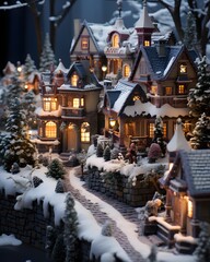 Miniature houses in the snow. Christmas and New Year concept.