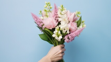 A bouquet of spring flowers close-up in the hand on a blue background. A nice gift for a holiday. Spring mood