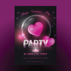 Valentine's Day Party Flyer Design with 3D Pink Heart Shapes with Bubbles on Black Background.