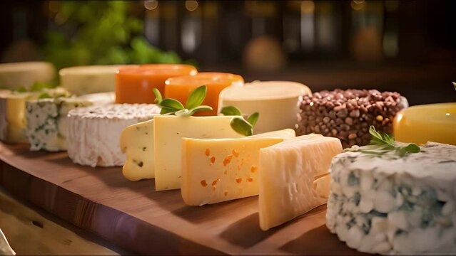 Different kind of natural tasty cheeses against rustic interior backdrop, highlighting the art of cheesemaking and the pleasure of savoring authentic, natural products. Cheese tasting