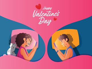 Happy Valentine's Day Celebration Concept, Cartoon Young Couple Communicating in Video Call Through Smartphone and Adorable Cat Illustration on Pink and Blue Background.