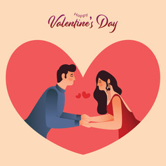 Fototapeta premium Happy Valentine's Day Celebration Greeting Card, Side View of Romantic Young Couple Character Holding Hands Each Other.
