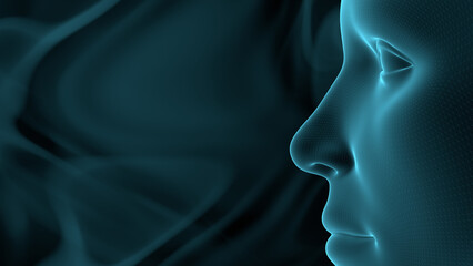 human face in profile, close-up, sci-fi style, dark background, 3d rendering © Andrei